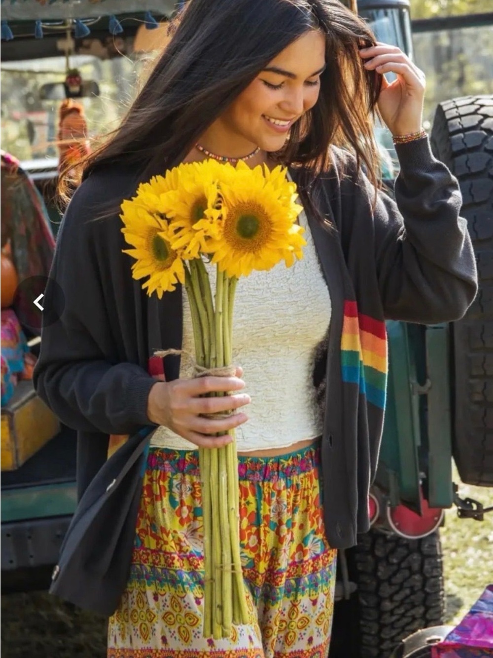 Natural Life Charcoal Cardigan with Rainbow Stripe Accent